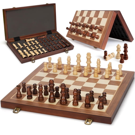Magnetic Wooden Chess Set, 15" Folding Chess Board , Portable Travel Chess Set with Pieces Storage Slots, Beginner Chess Board Game