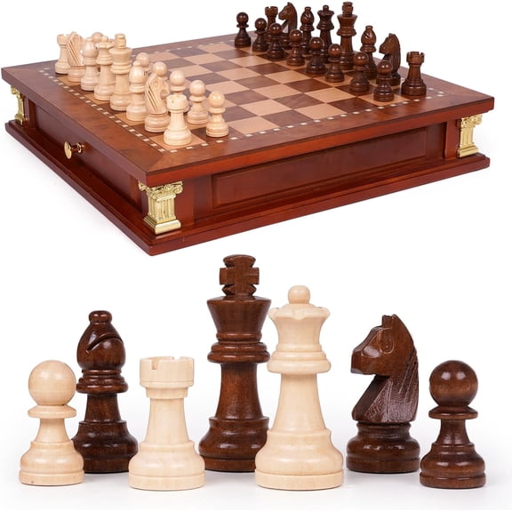Magnetic Wooden Chess Set with Storage Drawer, Solid Wood Chess Board Game, Tournament Size 3 Inch King, 2 Extra Queens, Luxury Classic Chess Set for Adults(12.5 inch)