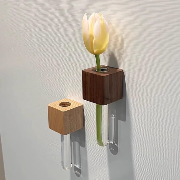 Magnetic Wooden Flower Vase for Refrigerator, Handcrafted, 2-Pack, Home & Kitchen