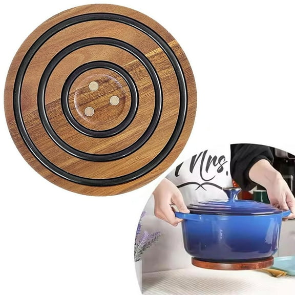 Magnetic Wooden Trivet for Dutch Oven and Cast Iron Skillet, Natural Acacia Wood Heat Resistant Hot Pad, Magnetic Pot Holder for Kitchen Hot Dishes, Unique Housewarming Gift for Cooks
