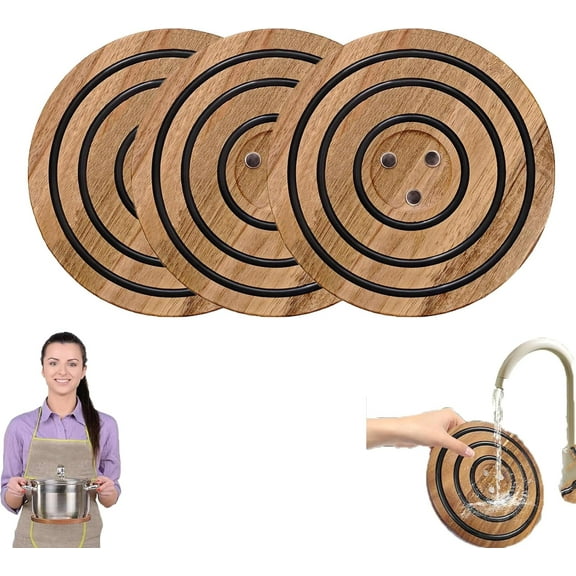 Magnetic Wooden Trivet, Magnetic Trivets for Hot Pots and Pans, Acacia Magnetic Trivet, with Black Silicone Rings for Cast Iron Dutch Oven & Cast Iron Skillets for Counter Table