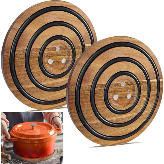 Magnetic Wooden Trivet Set of 2, Heat Resistant Acacia Wood Pot Holder with Silicone Strips for Dutch Ovens, Hot Pots, Pans, Kitchen Counter Protector, Gift for Mom