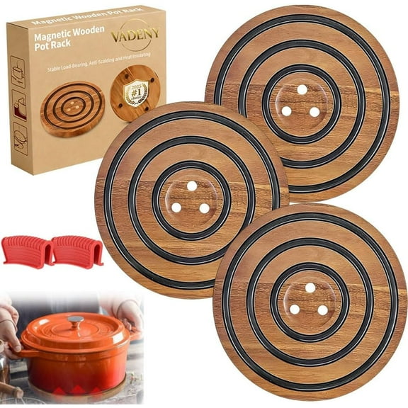 Magnetic Wooden Trivets for Hot Pots and Pans,Magnetic Pot Holder for Hot Dishes,Resistant Wood with Black Silicone Rings&3 PCS Magnets,Non Slip Trivet for Counter Table Pan(3PCS)Z
