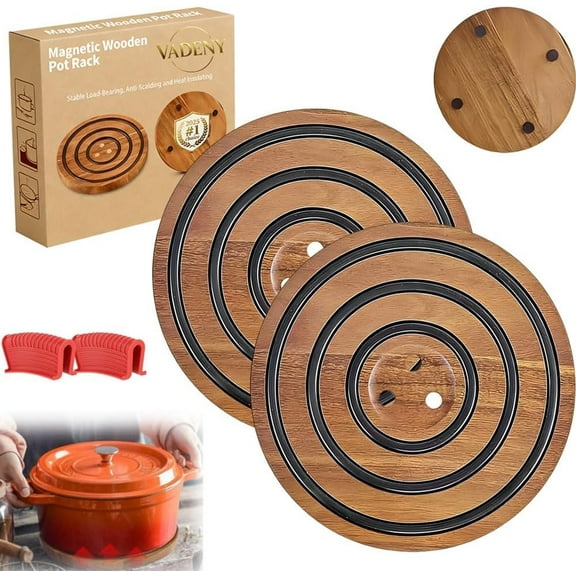 Magnetic Wooden Trivets for Hot Pots and Pans,Magnetic Pot Holder for Hot Dishes,Resistant Wood with Black Silicone Rings&3 PCS Magnets,Non Slip Trivet for Counter Table Pan(2PCS)Z