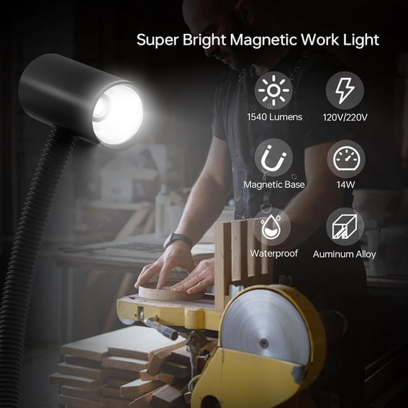 Magnetic Work Light, 1540 Lumens Led Machine Light with Strong Magnetic Base, Flexible Gooseneck Magnetic Lamp for Lathe and Drill Press, 14W 120V