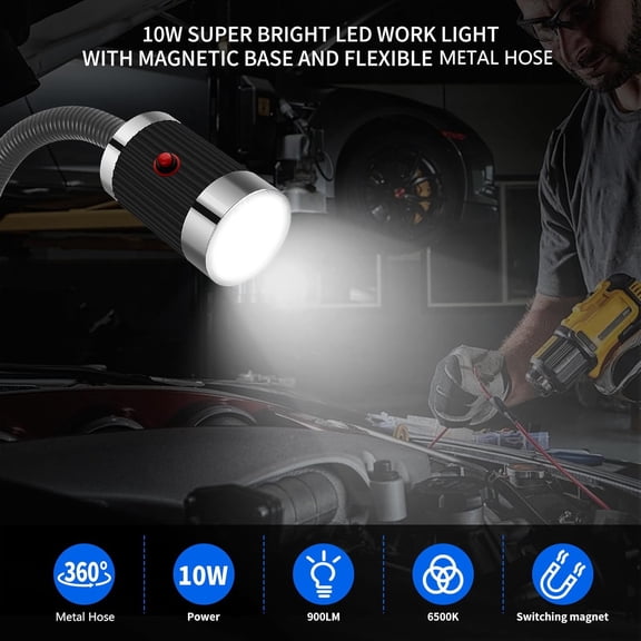 Magnetic Work Light, LED Machine Light, Work Light with Flexible & Magnetic Base, Shop Tool Lamp for Lathe, Work Bench, Sewing Machine, Grill, Bandsaw, Industrial Lighting, 10W, 900Lumens, Black