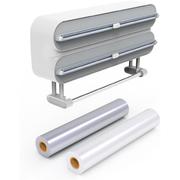 Magnetic Wrap Dispenser with Cutter, 3-in-1 Kitchen Organizer for Plastic Wrap, Aluminum Foil & Paper Towel Holder, Sliding Cutter, Fridge or Wall Mount Storage, Includes Plastic Wrap and Foil