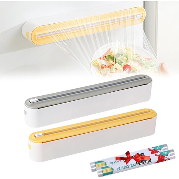 Magnetic Wrap Dispenser with Cutter, Magnetic Cling Film Dispenser with Slide Cutter, No-Drill Refillable Food Cling Film Cutter, Easy One-Hand Operation, for Worktops & Cabinets