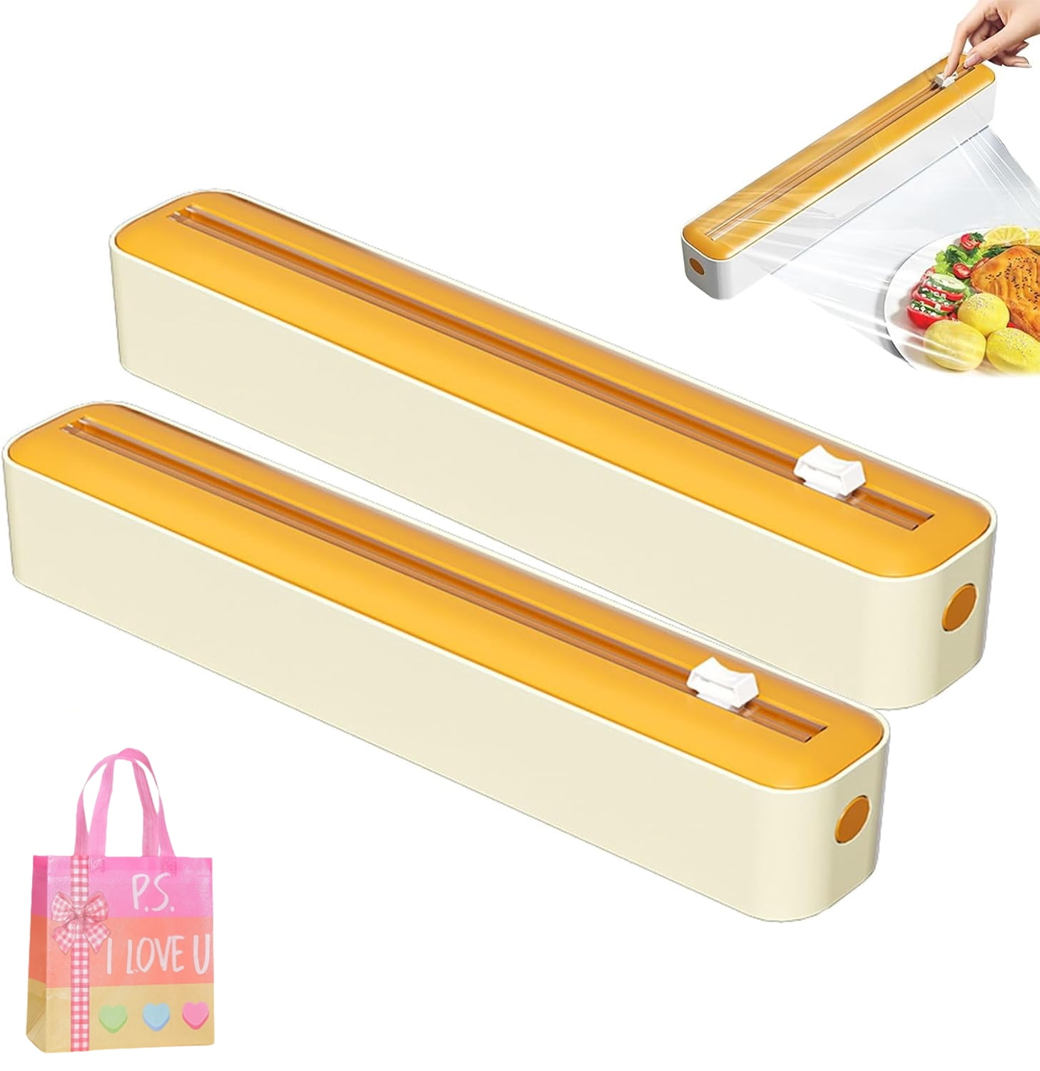 Magnetic Wrap Dispenser with Slide Cutter, No-Drill Refillable Food Cling Film Cutter, Cling Wrap Parchment Paper, No-Drill Fits 30cm Rolls, for Worktops & Cabinets (A, 2PCS)
