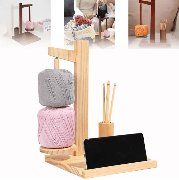 Wooden Yarn Holder With Phone Stand - Crochet Hook Storage & Magnetic Spinner