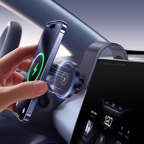 Magnetic car Phone Mount with Wireless Charging, Featuring a Removable Flexible Design Compatible with Various Vehicle Models.