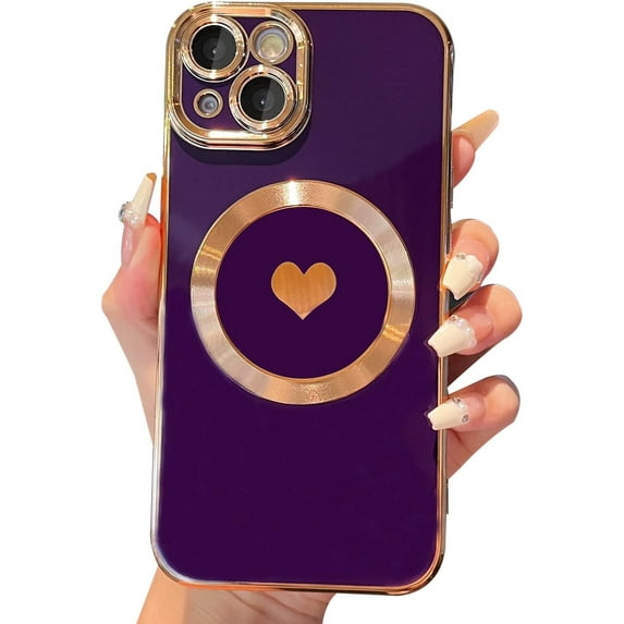 Magnetic case for iPhone 14 Case for Women, Cute Gold Love Heart Soft MagSafe Case, Raised Full Camera Lens Protection Phone Case for iPhone 14 MagSafe Case 6.1"- Purple
