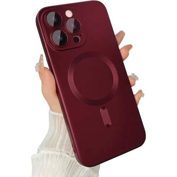Magnetic case for iPhone 14 Pro Max Phone Case for Women, Matte Luxury Soft Metallic Luster Design with Camera Lens Protector, Compatible with Magsafe Case for iPhone 14 Pro Max 6.7"-Red Wine