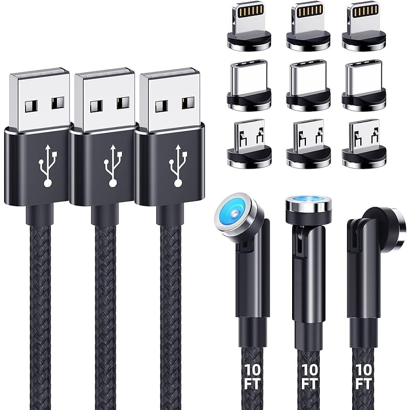 Magnetic charging cable [3-pack, 10ft/10ft/10ft] 540 ° rotating magnetic phone charger 3-in-1 magnetic USB cable with LED light nylon braided magnetic charger for iProduct/Micro USB/Type C device