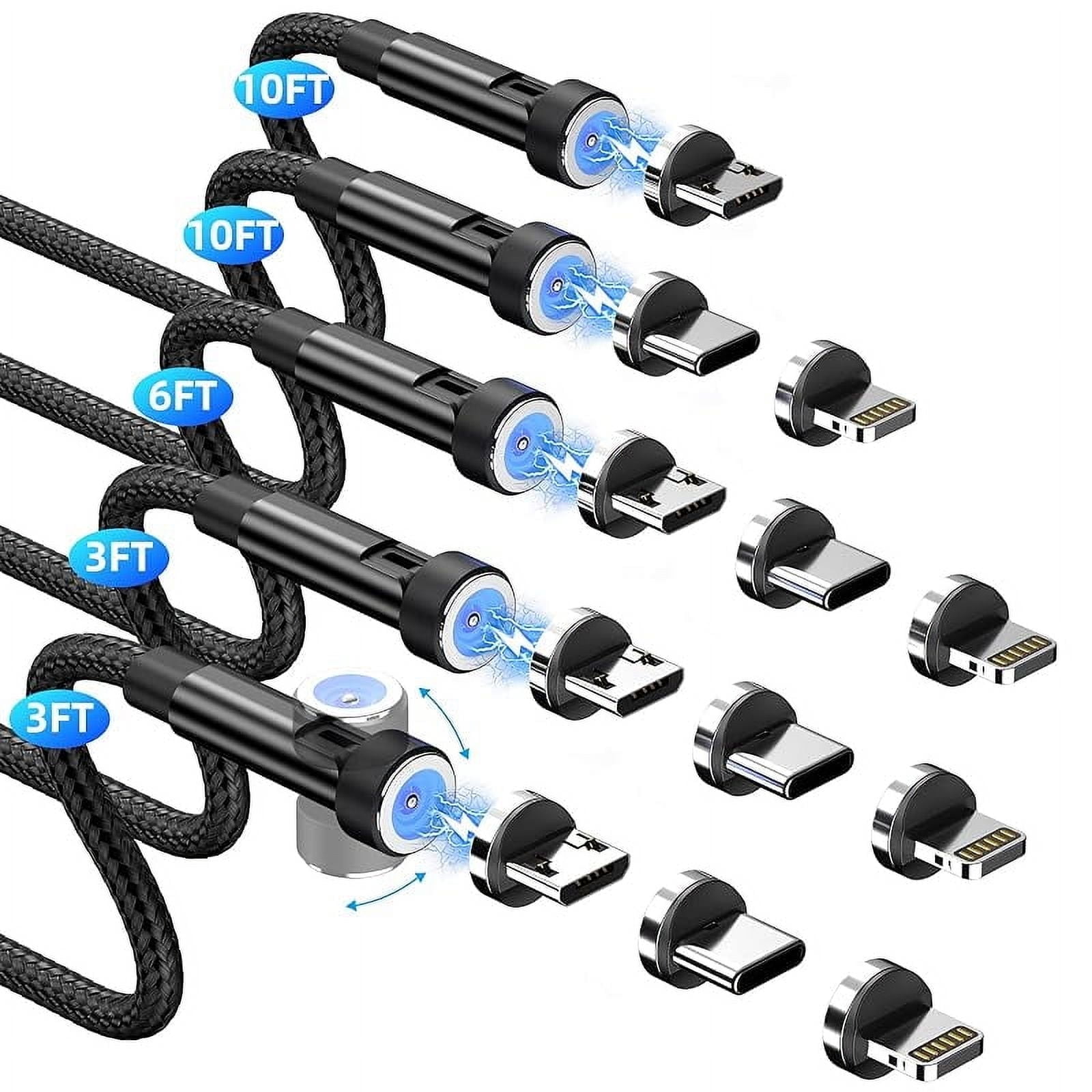 Magnetic charging cable [5-pack, 3/3/6/10/10ft] 3 in 1 magnetic phone charger 360 ° & 180 ° rotating magnetic charger cable with LED light nylon braided cord for micro-USB/USB C and I-product device