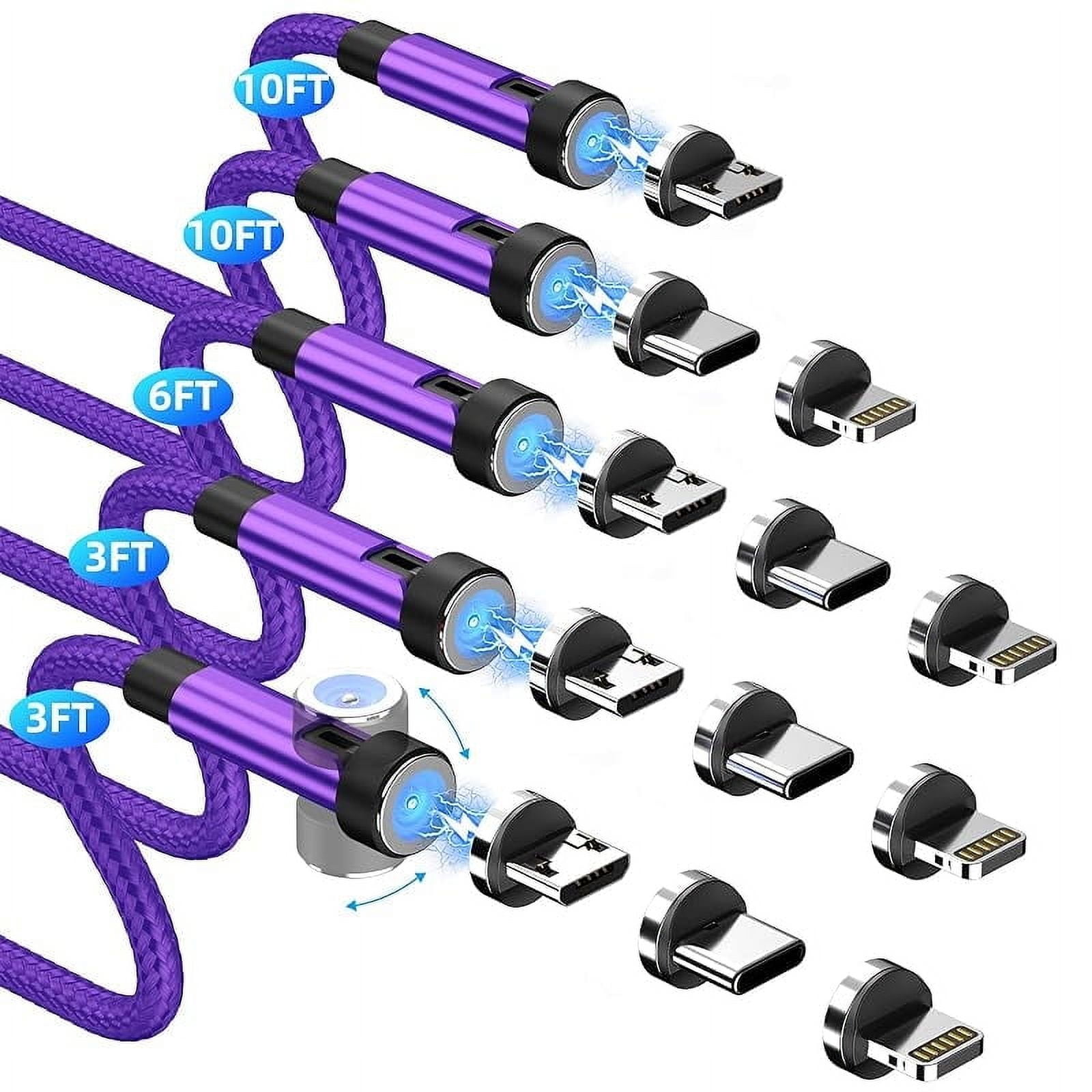 Magnetic charging cable [5-pack, 3/3/6/10/10ft] 3 in 1 magnetic phone charger 360 ° & 180 ° rotating magnetic charger cable with LED light nylon braided cord for micro-USB/USB C and I-product device