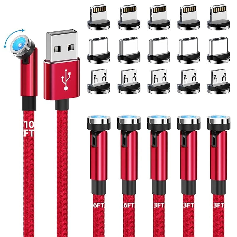 Magnetic charging cable, 540 ° rotating magnetic phone charger [6-pack, 3ft/3ft/3ft/6ft/6ft/10ft] 3 in 1 magnetic charger cable nylon braided magnetic USB cable for iProduct/Micro USB/Type C device