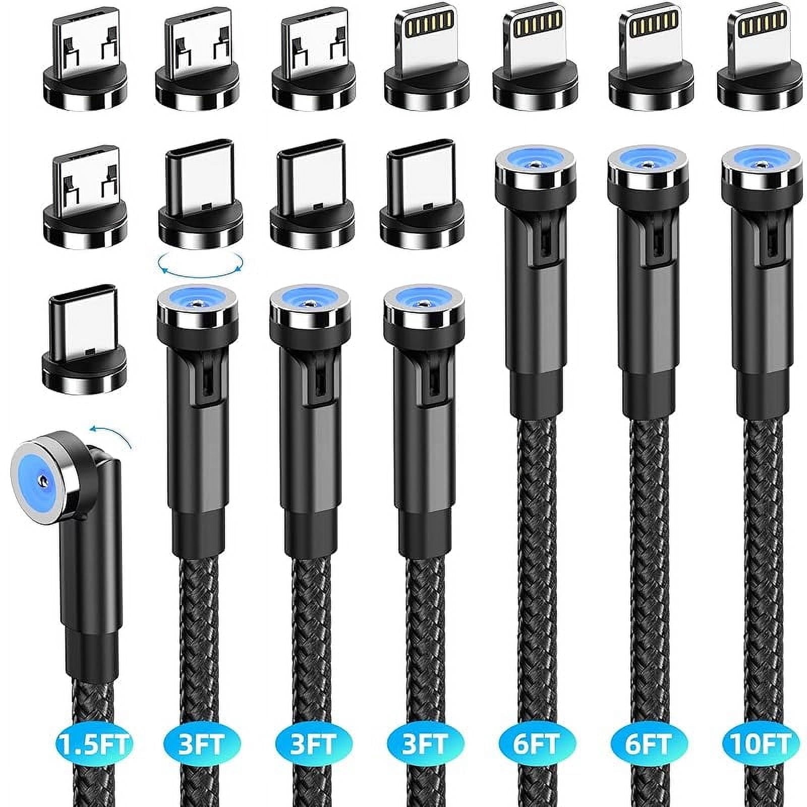 Magnetic charging cable [7-Pack 1. 6ft/3ft/3ft/3ft/6ft/6ft/10ft] 540 ° rotating magnetic phone charger 3 in 1 magnetic cable nylon braided USB charger cable for Micro USB/Type C/iDevice product-black