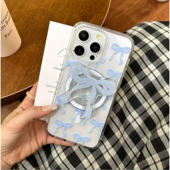 Magnetic charging phone case Iphone 14/Iphone 15/Iphone 16por (pro promax plus) case for girls bow case, wireless slim transparent phone case.