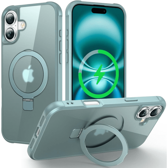 Magnetic-compatible iPhone 17 phone case with stand [Military-grade drop test] [Compatible with magnets] Circular semi-transparent ultra-thin hard back soft edge, green