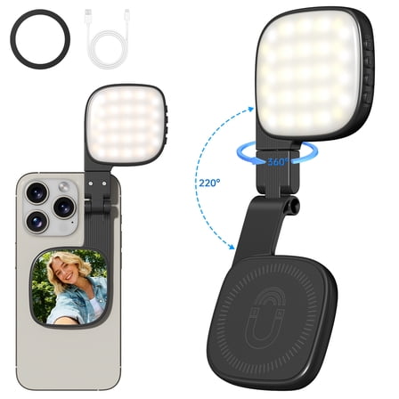 Cshidworld Portable Selfie Light with Mirror, 360° Magnetic, 1000mAh Rechargeable, 48 LED, 3 Modes, 10 Brightness, CRI 80, for Phone, Makeup, Live Streaming, black