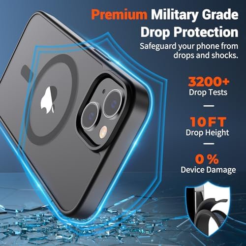 Magnetic for iPhone 14 Case & iPhone 13 Case (Compatible with MagSafe)(Military Grade Drop Protection) Translucent Matte Shockproof Phone Cover,Black