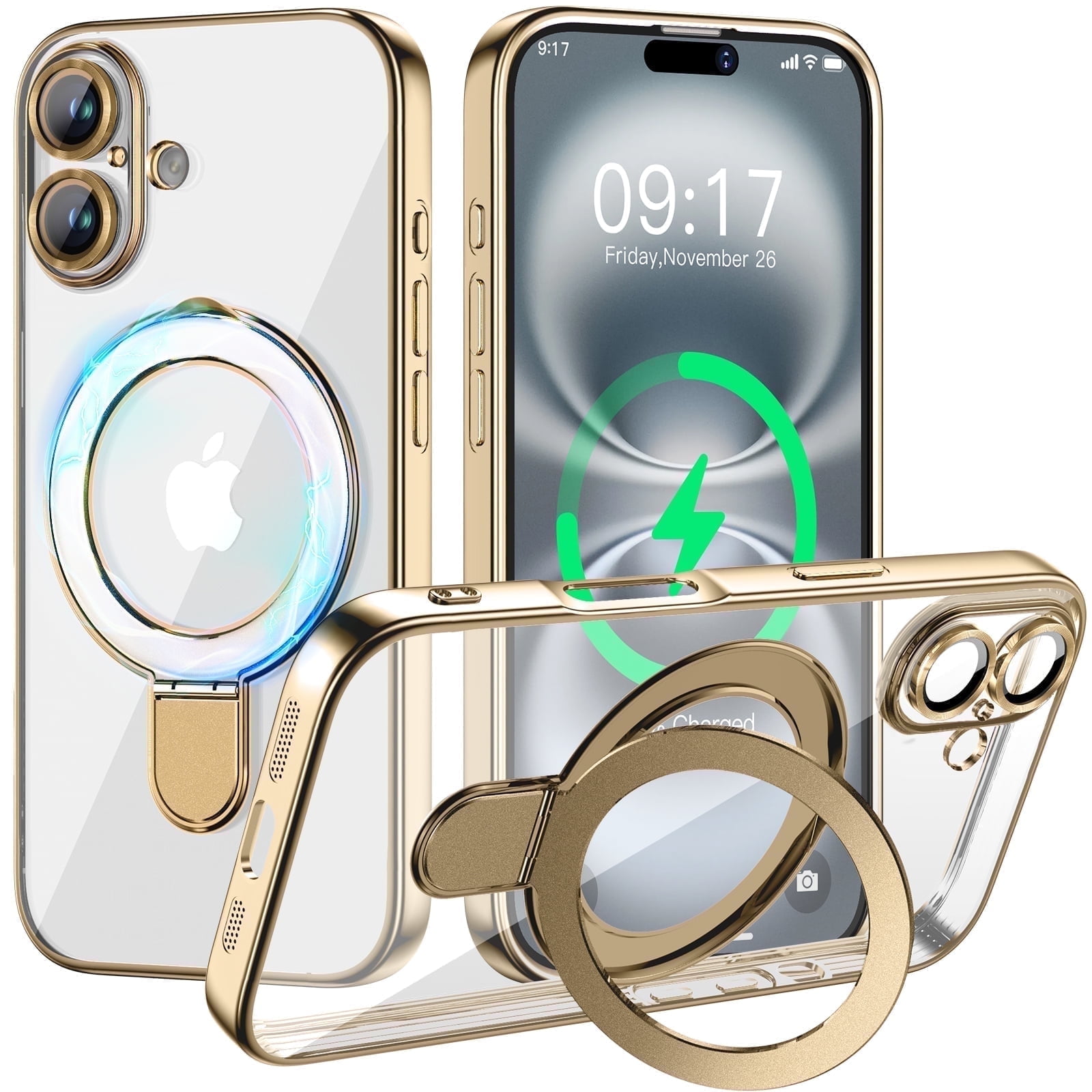 JETeacka Magnetic for iPhone 16 Case with Invisible Kickstand, MagSafe Compatible, Camera Protection, Shockproof Not Yellowing Slim Soft Cover, Gold