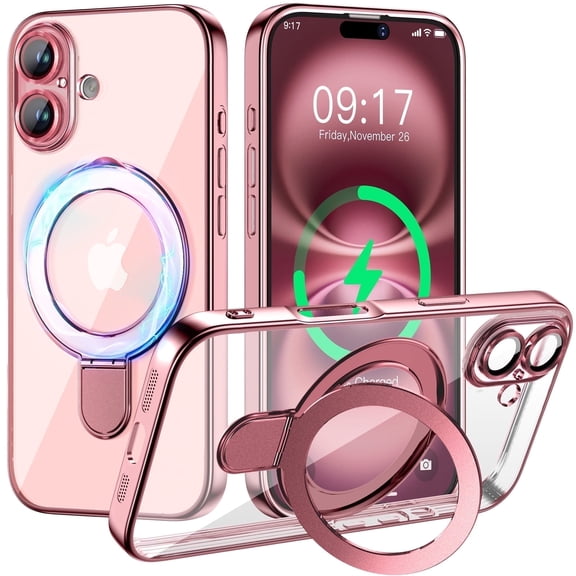 JETeacka Magnetic for iPhone 16 Case with Invisible Kickstand, Camera Protection, Shockproof Not Yellowing Slim Soft Cover, Pink