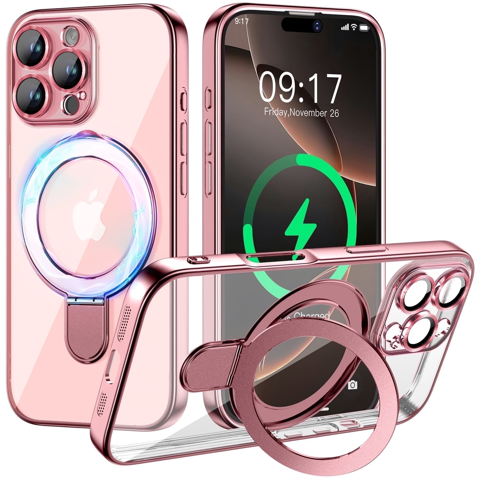 JETeacka Magnetic for iPhone 16 Pro Case with Invisible Kickstand, MagSafe Compatible Camera Protection Shockproof Not Yellowing Slim Soft Cover, Pink