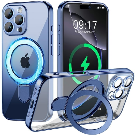 JETeacka Magnetic for iPhone 16 Pro Max Case with Invisible Kickstand, Compatible with MagSafe, Camera Protection, Not Yellowing Slim Soft Cover, Blue