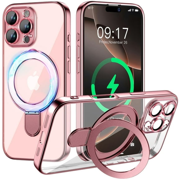 JETeacka Magnetic for iPhone 16 Pro Max Case with Invisible Kickstand, Compatible with MagSafe, Camera Protection, Not Yellowing Slim Soft Cover, Pink