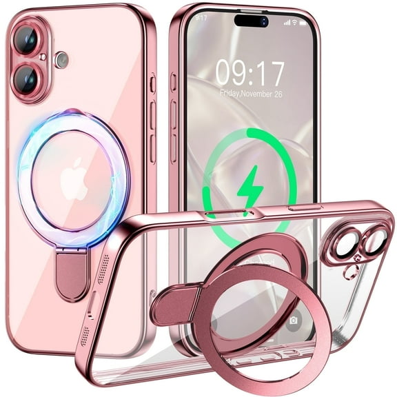 JETeacka Magnetic for iPhone 17 Case with Invisible Kickstand, MagSafe Compatible, Camera Protection, Shockproof Not Yellowing Slim Soft Cover, Pink