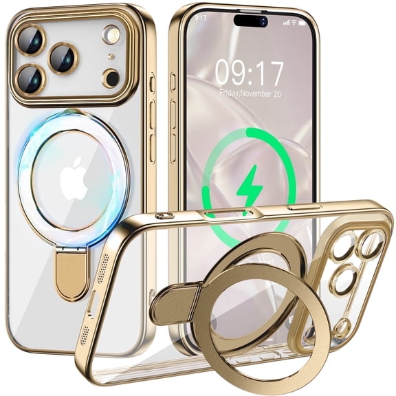 JETeacka Magnetic for iPhone 17 Pro Max Case with Invisible Kickstand, Camera Protection, Not Yellowing Slim Soft Cover, Gold