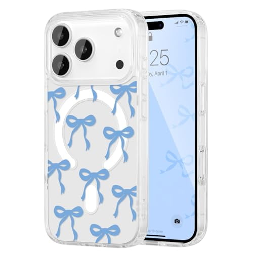 Magnetic for i-Phone 17 Pro Max Case, Bow Case Compatible with MagSafe, Wireless Slim Clear Ribbon Aesthetic Phone Cover Anti-Yellowing Shockproof Protective Cover for Women Girl - Baby Blue