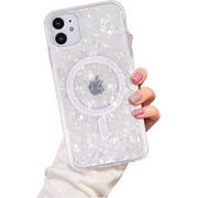 Magnetic for iPhone 11 Case,Clear Luxury Sparkle Pearly iPhone 11 Phone Case for Girl Woman Lady,Soft Frame Hard PC Back Glitter Sparkly Bling Protective iPhone 11 6.1 inch Case Cover,White