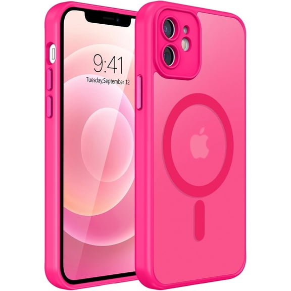 Magnetic for iPhone 12 Case [Compatible with Magsafe] [Full Camera Protection] [Military-Grade Anti-drop] Translucent Matte Phone Case iPhone 12 Slim Thin Shockproof Women Men Cases, Hot Pink
