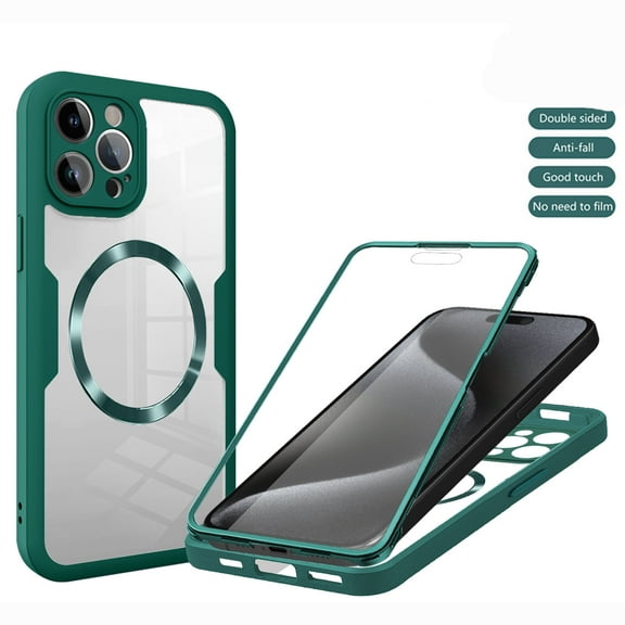 Magnetic for iPhone 12 Case, [Non-Yellowing Clear] Cover Compatible with MagSafe, Built-in Screen Protector & Support Car Mount Holder & Upgraded Camera Protection Shockproof Case, Darkgreen