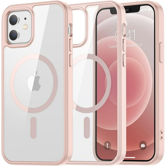 Magnetic for iPhone 12 Case,iPhone 12 Pro case, [Compatible with MagSafe][Clear Hard Back with Soft TPU Bumper][12FT Military Grade Drop Protection] Shockproof Phone Case,Clear Pink
