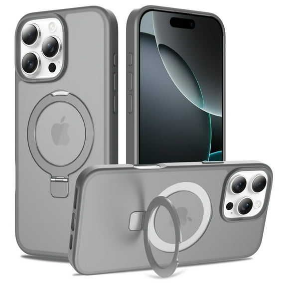 Magnetic for iPhone 12 Pro Max Case, Shock-Absorbent Anti-Fingerprint Matte Protective Back Cover with Ring Kickstand, Anti-Scratch PC+TPU Non-Slip Slim Wireless Charging Phone Case, Gray
