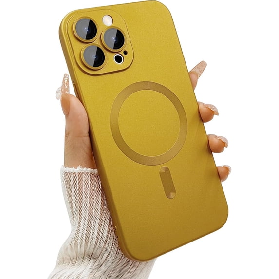Magnetic for iPhone 12 Pro Max Case for Women, Shockproof Matte Luxury Metallic Luster Design with Full Camera Lens Protector, Compatible with Magsafe Case for iPhone 12 Pro Max 6.7"-Gold