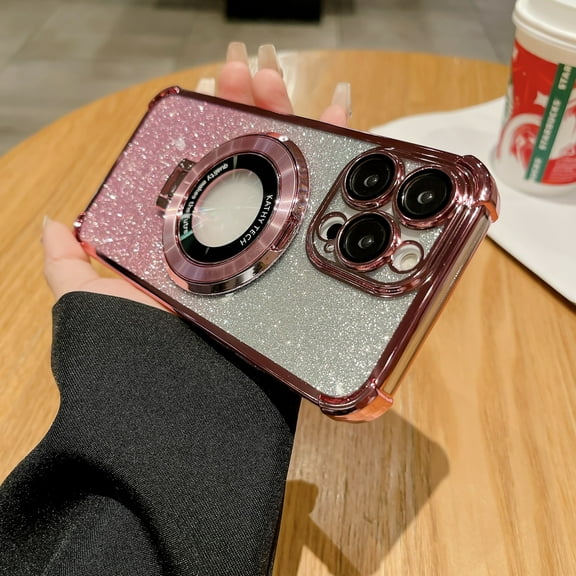Magnetic For iPhone 12 Pro Max Phone Case,With Contractile Ring Kickstand,Compatible with Mag-Safe,Luxury Bling Gradient Glitter Back,Logo View,With Lens Protector,Anti-fall Phone Case,Rosegold