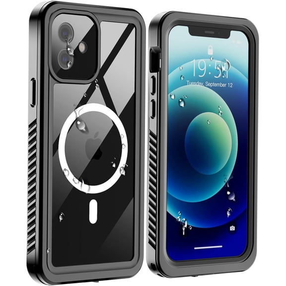 Magnetic for iPhone 12 Waterproof Case,[Built-in Screen Protector][IP68 Underwater][15FT Military Dropproof][Compatible with MagSafe] Full Body Heavy Duty Shockproof Phone Case-Black/Clear