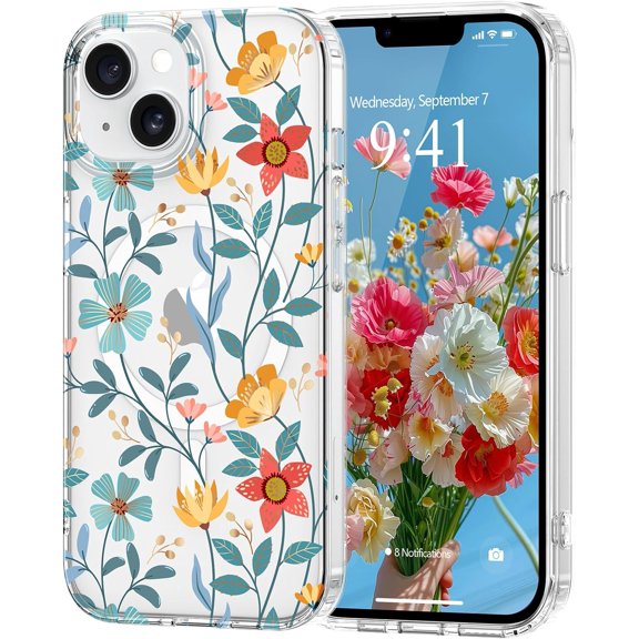 Magnetic iPhone 13/14 Case Floral, Cute Clear Flower Cover for Women Girls Luxury Elegant Soft Plating Shockproof Protective Cover Phone Case for iPhone 13/14, Wildflower