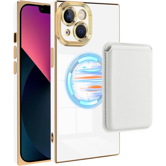Magnetic  for iPhone 13 Case with Card Holder - Holds 3 Cards [Compatible with Magsafe] [Support Wireless Charging] Soft TPU Electroplated Wallet Phone Case for iPhone 13 White