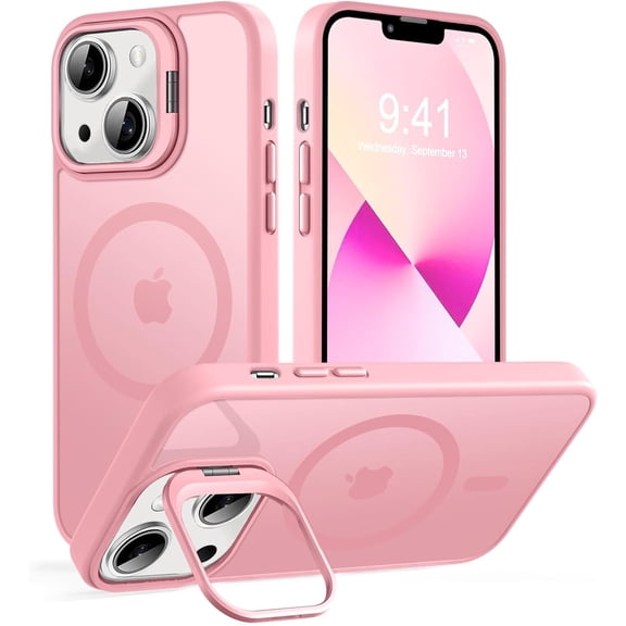 Magnetic for iPhone 13 Case & iPhone 14 case, Compatible with Magsafe, Built-in Stash Stand, Matte Scratch-Resistant Back Cover Shockproof Phone Case for iPhone 13/ iPhone 14, Pink