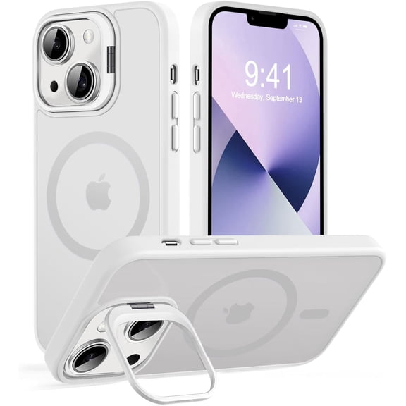 Magnetic for iPhone 13 Case & iPhone 14 case, Compatible with Magsafe, Built-in Stash Stand, Matte Scratch-Resistant Back Cover Shockproof Phone Case for iPhone 13/ iPhone 14, Frosted White