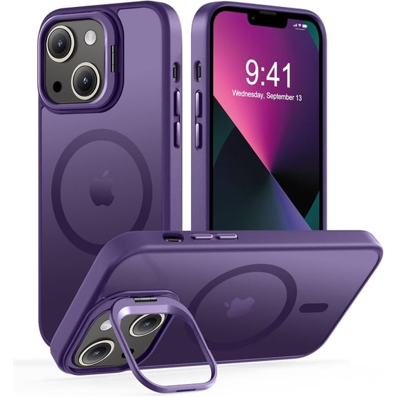 Magnetic for iPhone 13 Case & iPhone 14 case, Compatible with Magsafe, Built-in Stash Stand, Matte Scratch-Resistant Back Cover Shockproof Phone Case for iPhone 13/ iPhone 14, Deep Purple