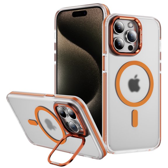 Magnetic for iPhone 13 Pro Case with Camera Cover Kickstand, [Compatible with MagSafe] Transparent Matte Ultra Slim Anti-Scratch Luxury Phone Case Cover for iPhone 13 Pro, Orange