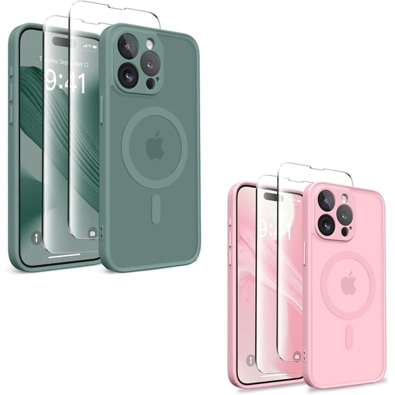 Magnetic for iPhone 13 Pro Case, [Compatible with MagSafe] [Full Camera Protection] Shockproof Slim Thin Case Cover for Translucent Matte Phone Case for 13 Pro, Midnight Green & Peach Pink