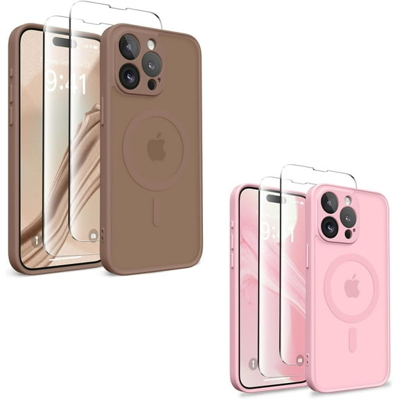 Magnetic for iPhone 13 Pro Case, [Compatible with MagSafe] [Full Camera Protection] Shockproof Slim Thin Case Cover for Translucent Matte Phone Case for iPhone 13 Pro, Brown & Peach Pink
